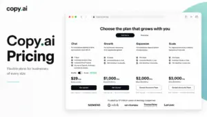 Copy.ai Pricing featured image with pricing cards for Chat, Growth, Expansion, and Scale plans