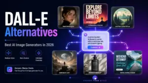 DALL-E Alternatives featured image showing multiple AI image styles, including photorealistic portraits, typography posters, vector logos, cinematic art, product mockups, and social media designs.