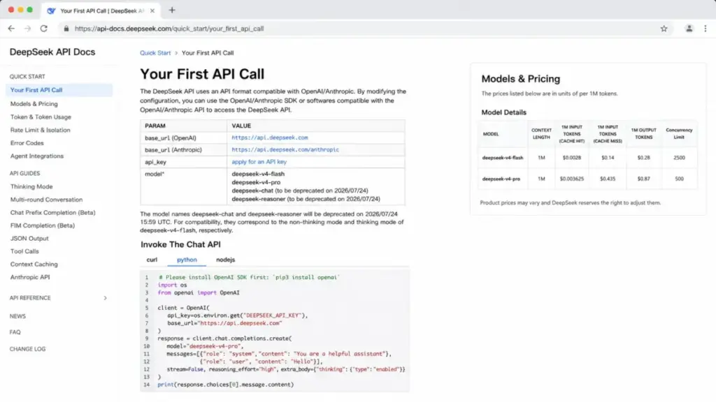 DeepSeek API documentation showing quick start instructions, API base URL settings, model names, Python code example, and token pricing table.