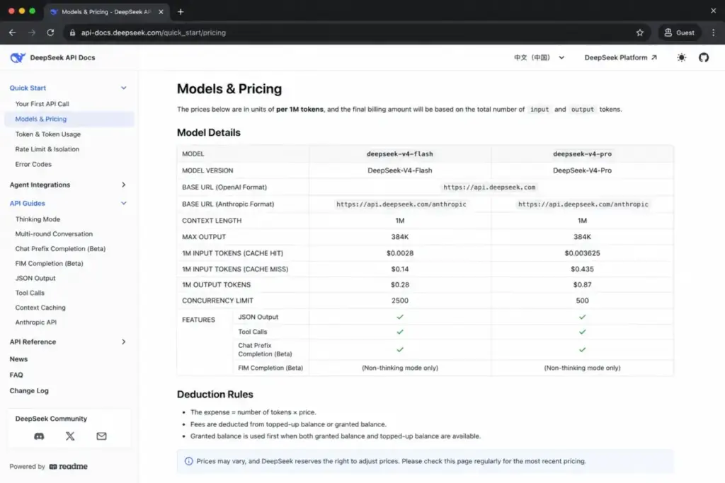 DeepSeek API pricing page showing model details and per-token pricing for DeepSeek V4 Flash and V4 Pro.
