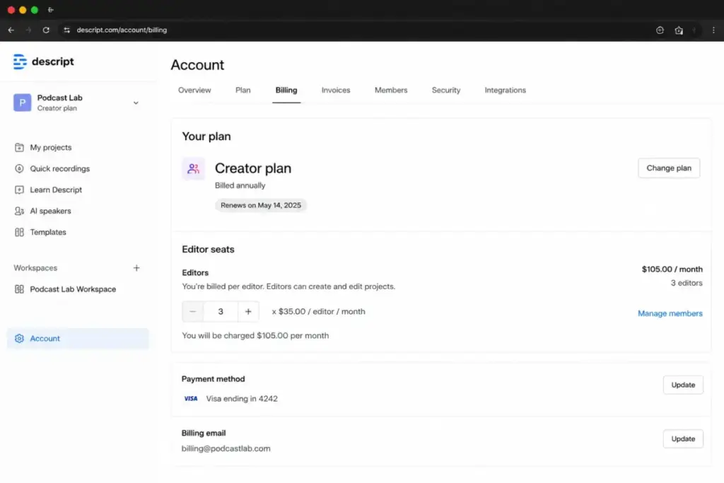 Descript billing screen mockup showing editor seat count, per-seat pricing, and monthly charge for a Creator plan.