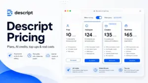 Descript Pricing featured image showing the Descript logo alongside a pricing interface with Free, Hobbyist, Creator, and Business plans.