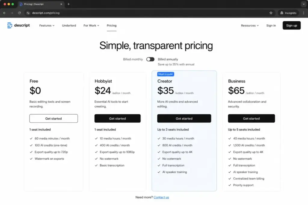 Descript pricing page mockup showing Free, Hobbyist, Creator, and Business plan costs with monthly and annual billing toggle.
