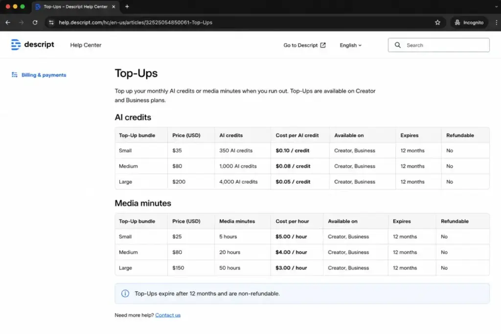 Descript top-ups pricing table showing AI credit bundles and media minutes costs for Creator and Business plans.