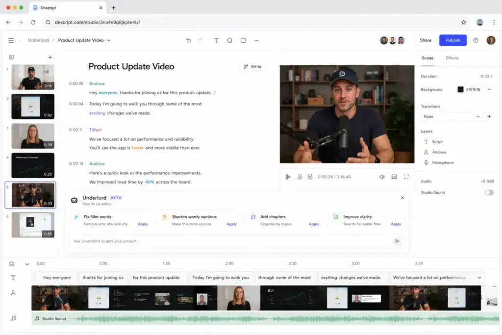 Descript video editor mockup showing transcript-based editing, video preview, timeline, and Underlord AI co-editor suggestions
