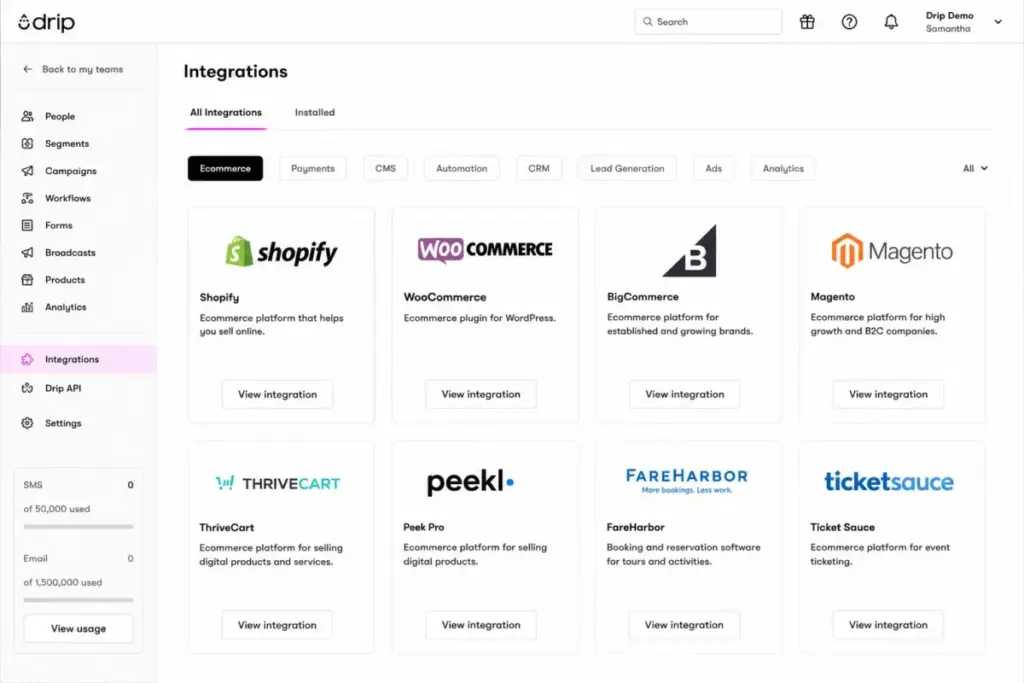 Drip ecommerce integrations for Shopify WooCommerce and BigCommerce