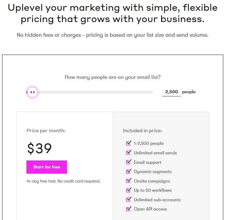 Drip pricing page showing $39 per month for up to 2,500 people with unlimited email sends