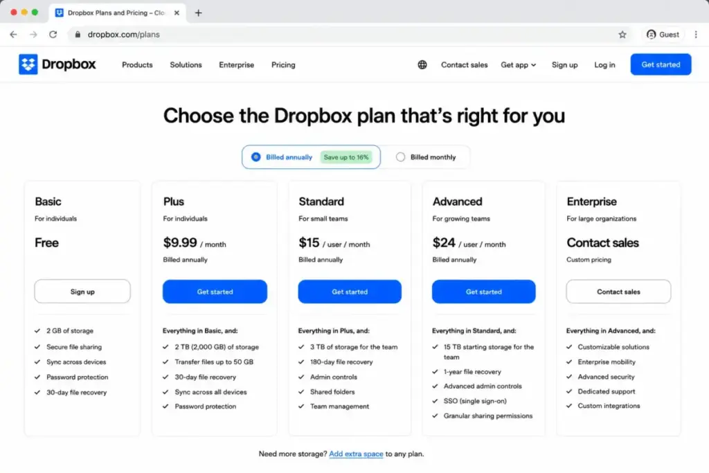 Dropbox Advanced storage pricing mockup showing 15 TB team storage, three-license minimum, and Advanced plan details