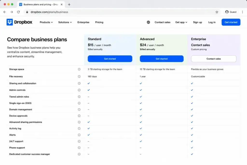 Dropbox Business plans comparison mockup showing Standard, Advanced, and Enterprise feature gates