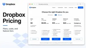 Dropbox Pricing featured image showing pricing plan cards for Basic, Plus, Standard, Advanced, and Enterprise