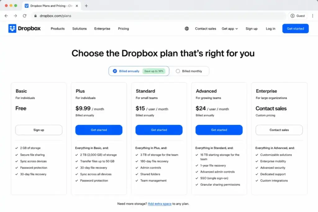 Dropbox Pricing 2026 plans page mockup showing Basic, Plus, Standard, Advanced, and Enterprise pricing cards