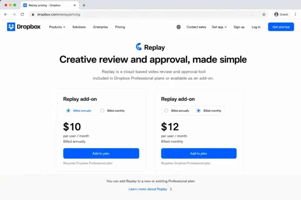 Dropbox Replay add-on pricing mockup showing $10 annual and $12 monthly per-user rates