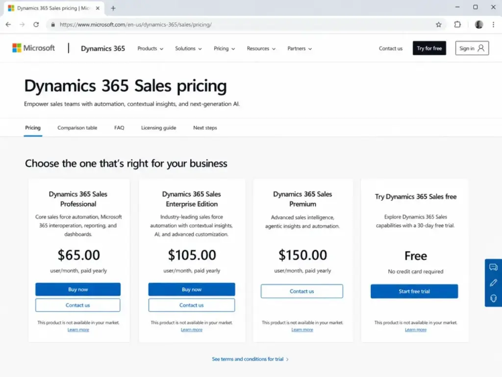 Microsoft Dynamics 365 Sales pricing page showing Sales Professional at $65 per user per month and Sales Premium at $150 per user per month