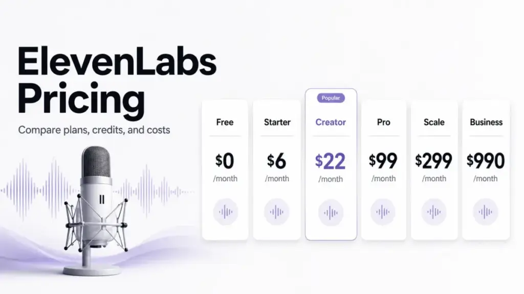 ElevenLabs Pricing featured image showing plan cards, monthly prices, credits, and AI voice audio elements.