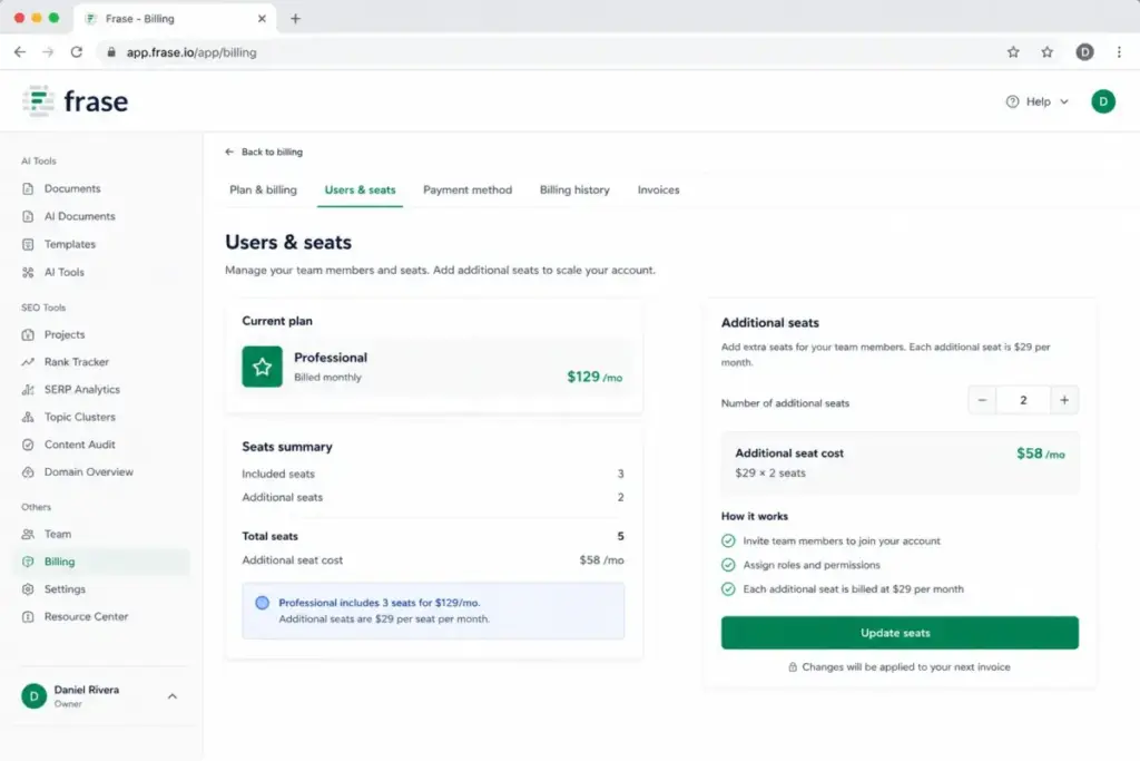 Screenshot-style mockup of Frase billing settings showing additional seat pricing for a Professional plan.