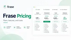 Featured image for Frase Pricing showing Frase plan cards, pricing tiers, and SEO content optimization features.