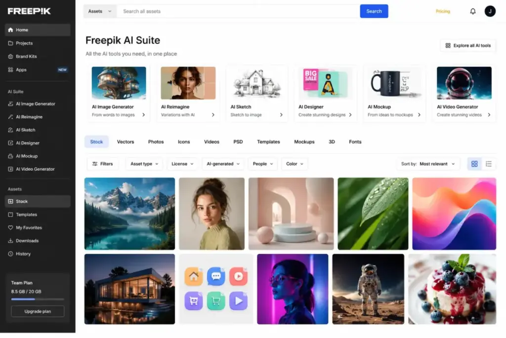 Freepik AI Suite dashboard mockup showing AI generation tools, stock library browser, asset filters, and creative content thumbnails.