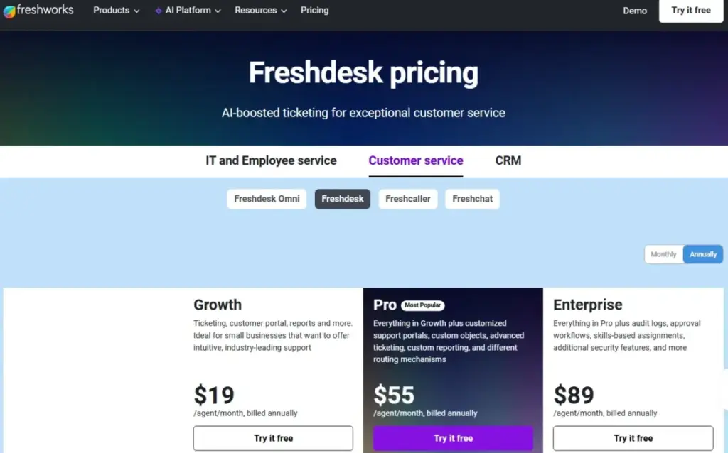 Freshdesk pricing page showing Growth, Pro, and Enterprise plans with annual per-agent pricing