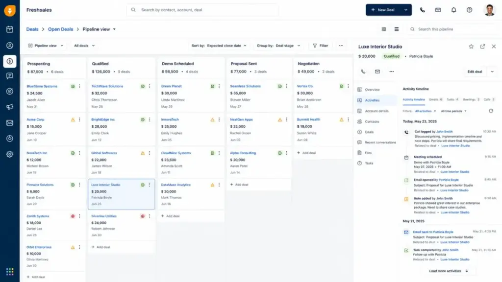 Freshsales CRM pipeline Kanban view with deal cards and activity timeline