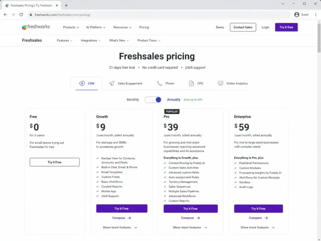 Freshsales pricing page showing Free Growth Pro and Enterprise annual plans