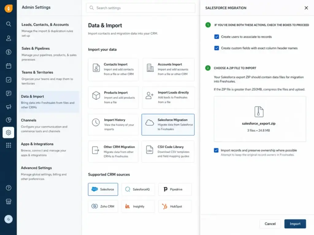 Freshsales Salesforce migration settings page for CRM data import