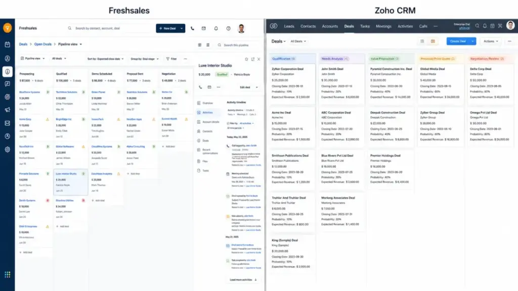Freshsales and Zoho CRM pipeline deal management interface comparison