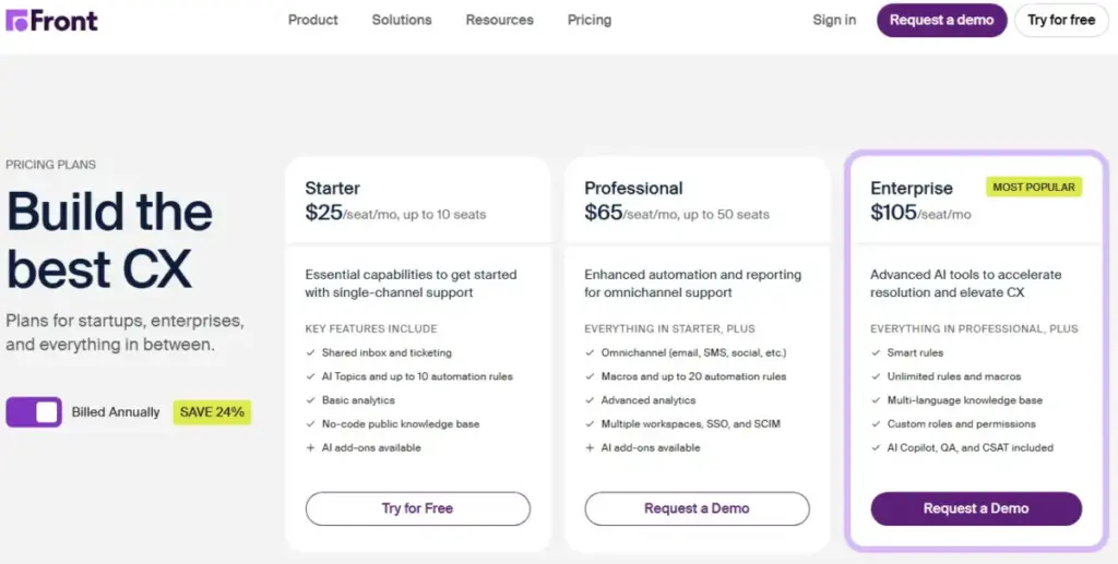 Front pricing page showing Starter, Professional, and Enterprise annual plans for customer experience teams