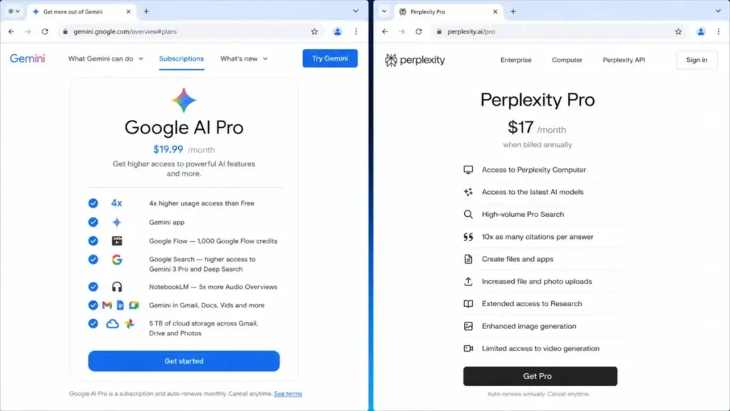 Side-by-side comparison of Gemini AI Pro and Perplexity Pro feature lists from official subscription pages.