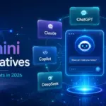 Gemini Alternatives featured image showing AI assistant comparison cards for ChatGPT, Claude, Perplexity, Copilot, Grok, DeepSeek, and Jasper.