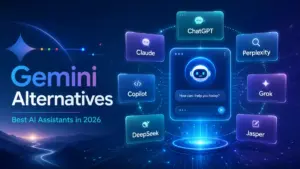 Gemini Alternatives featured image showing AI assistant comparison cards for ChatGPT, Claude, Perplexity, Copilot, Grok, DeepSeek, and Jasper.