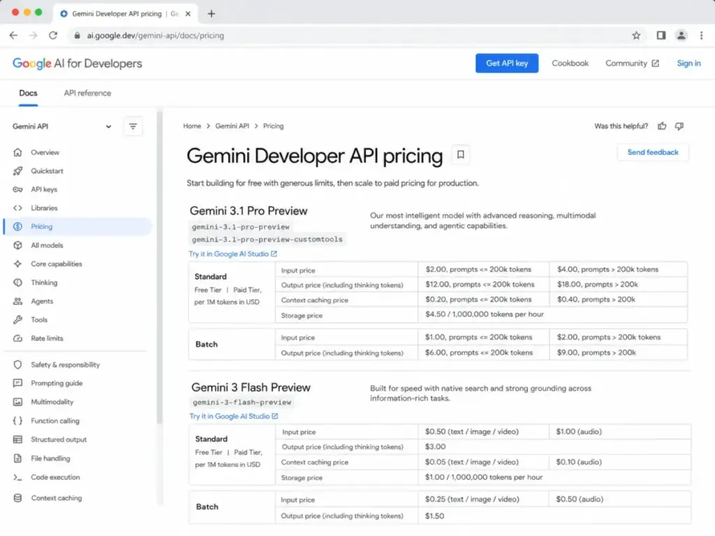 Gemini API pricing page showing Gemini 3.1 Pro Preview and Gemini 3 Flash Preview token rates.