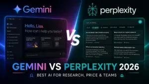 Gemini vs Perplexity 2026 comparison image for AI research, pricing, and team use cases.