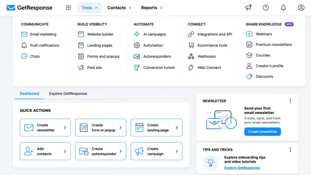 GetResponse dashboard with Tools menu showing email marketing, automation, landing pages, webinars, courses, and AI campaigns