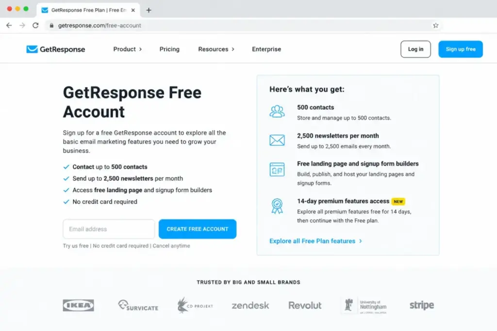 GetResponse Free plan page mockup showing 500 contacts, 2,500 newsletters per month, and 14-day premium feature access