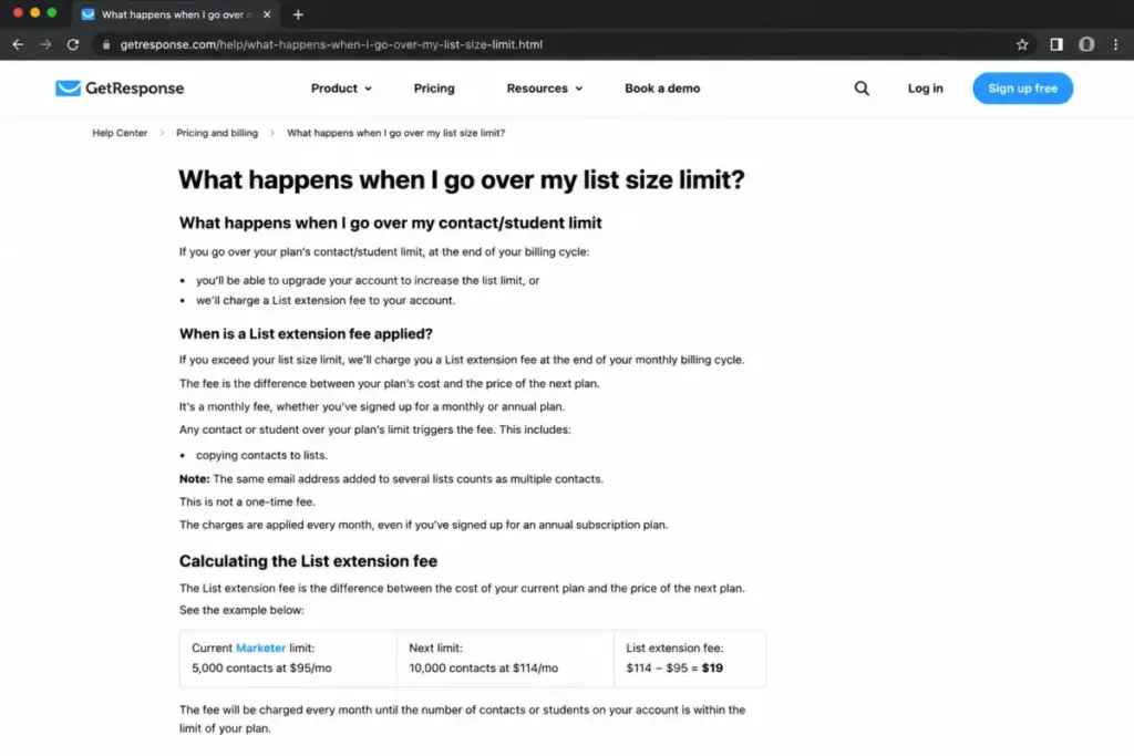 GetResponse list extension fee documentation explaining duplicate contacts across multiple lists