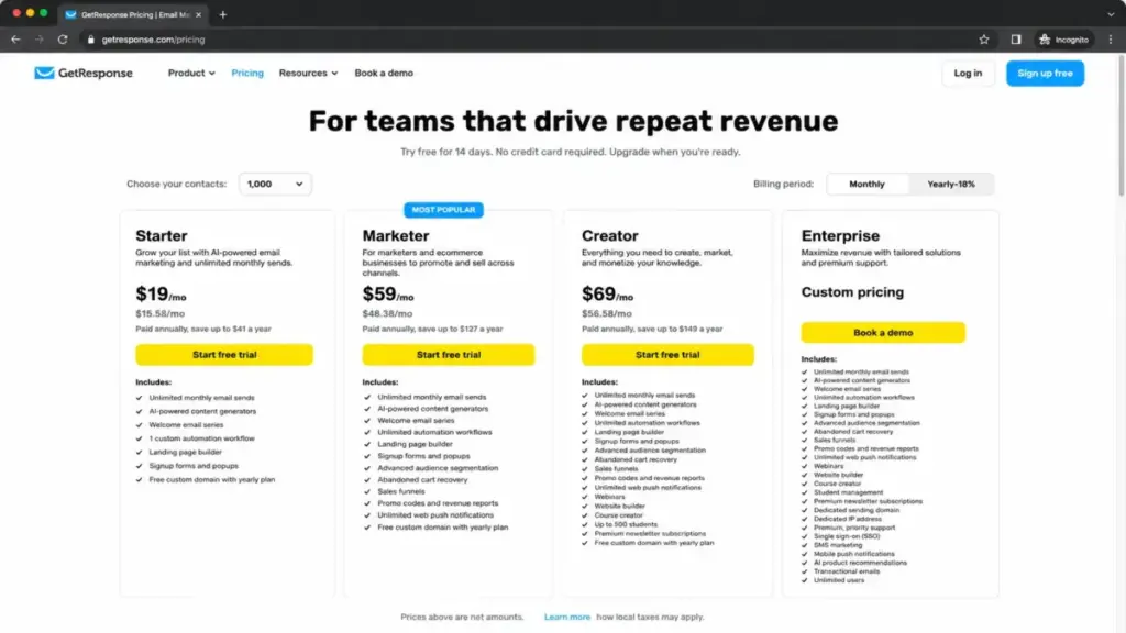 GetResponse pricing plans for Starter, Marketer, Creator, and Enterprise at 1,000 contacts
