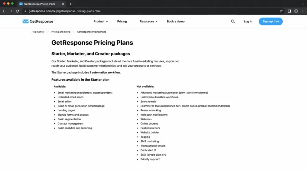 GetResponse Starter plan features showing the one automation workflow limit