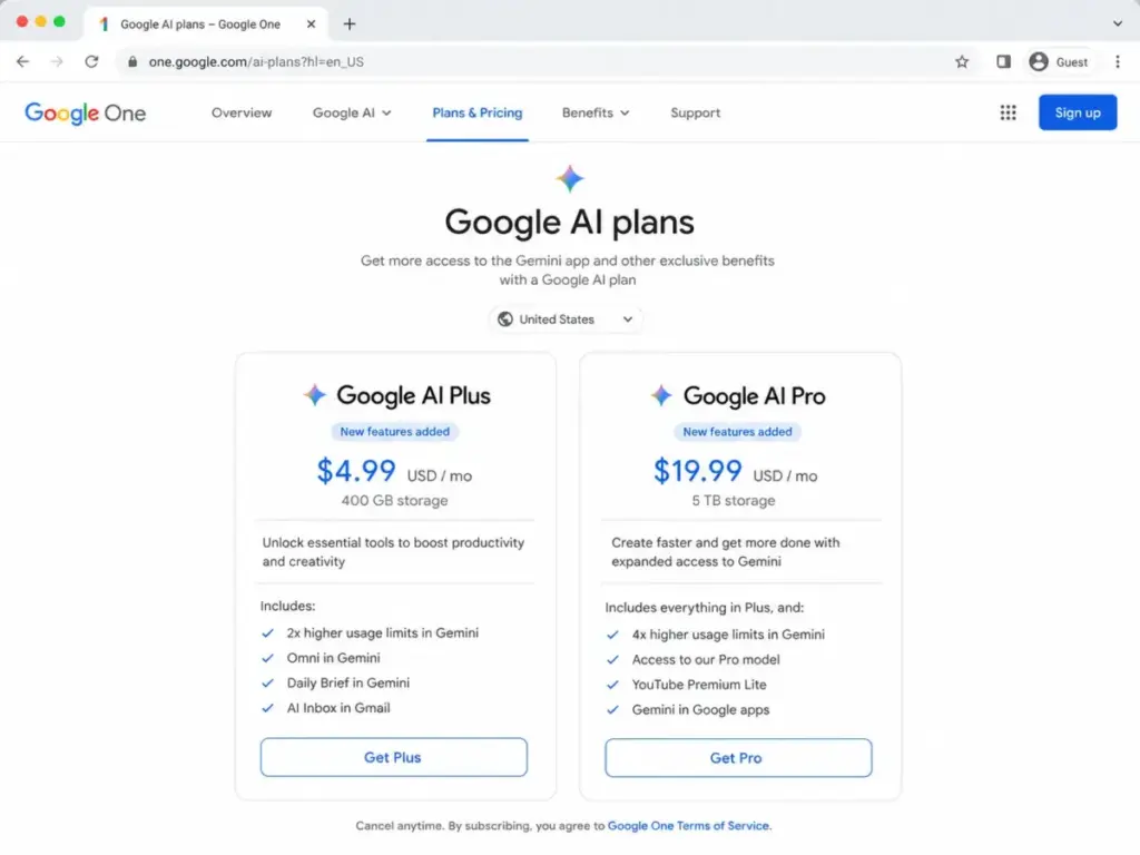 Google AI pricing page showing AI Plus at $4.99/month and AI Pro at $19.99/month.