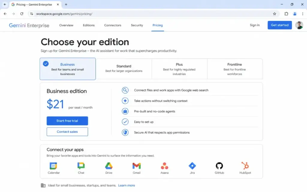 Google Cloud Gemini Enterprise pricing page showing Business edition at $21 per seat per month with key AI features.