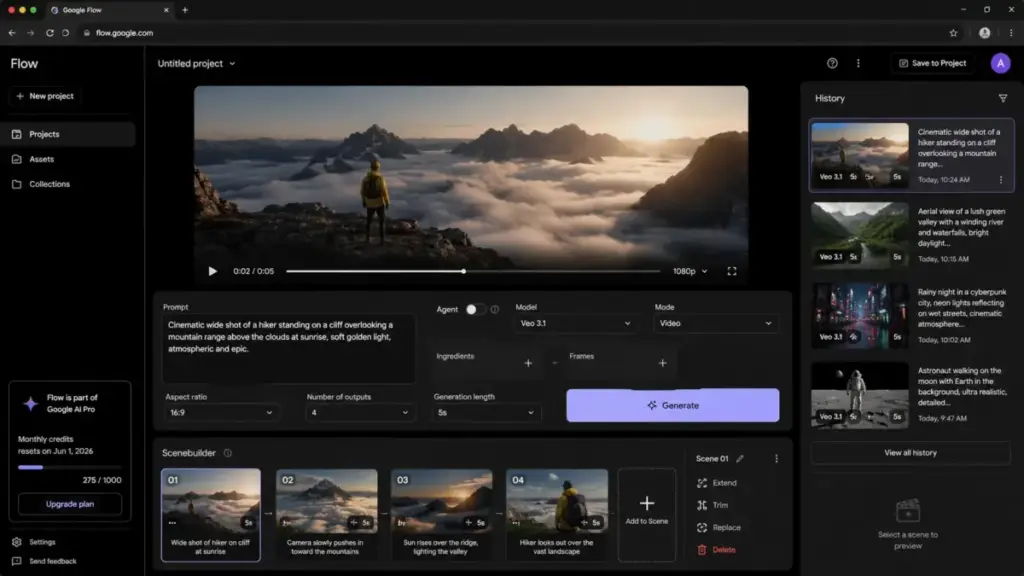 Google Flow with Veo 3.1 interface mockup showing text-to-video prompt, generation settings, and Scenebuilder workspace