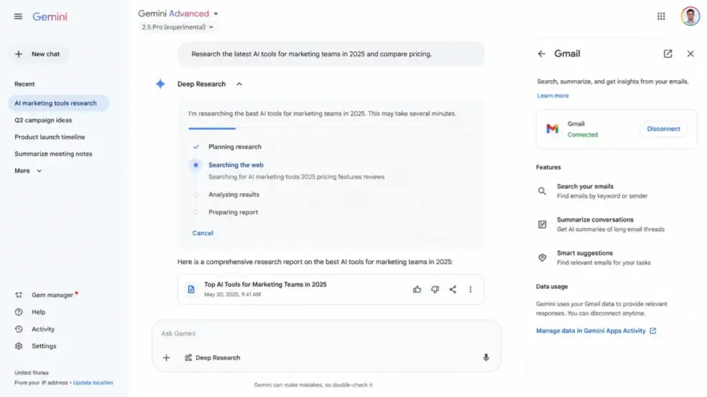 Screenshot-style mockup of the Google Gemini interface showing Deep Research and Gmail integration settings.