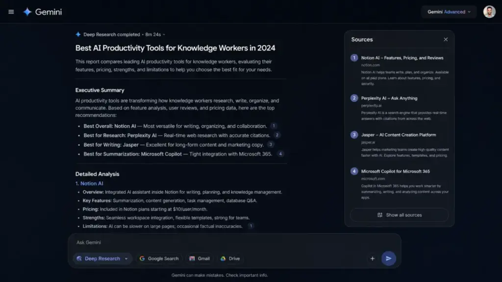 Google Gemini Deep Research dashboard showing research results with source citations