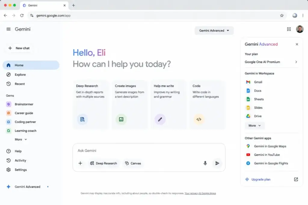 Google Gemini app mockup showing Deep Research and Google Workspace integration options.