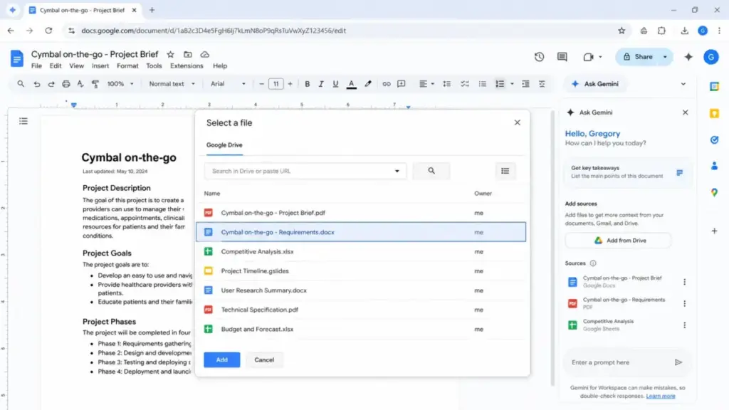 Google Gemini side panel in Google Docs showing document integration, sources, and a Google Drive file picker for adding files.
