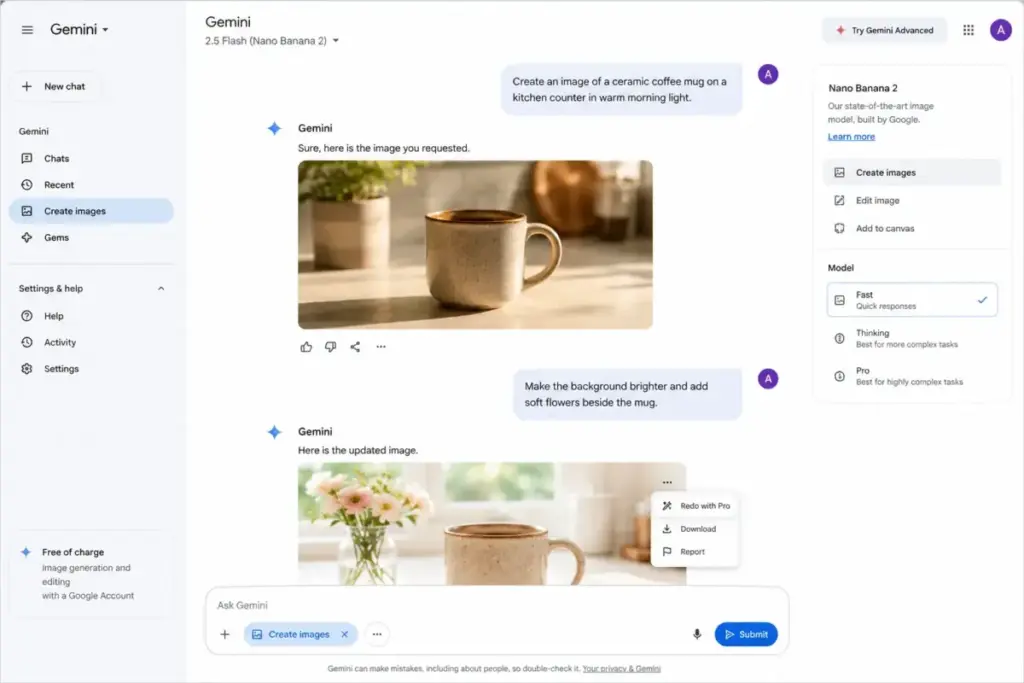 Google Gemini Nano Banana interface showing free image generation and photo editing tools