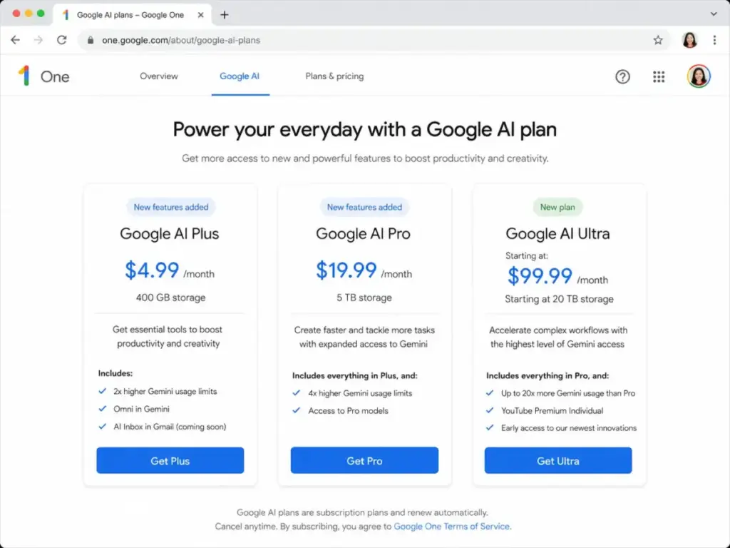 Google One AI plans pricing page showing Google AI Plus, AI Pro, and AI Ultra monthly subscription options.
