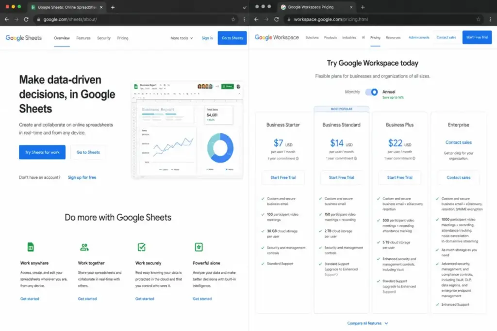 Google Sheets product page and Google Workspace pricing showing free Google Account access and Starter plan at $7/user/month