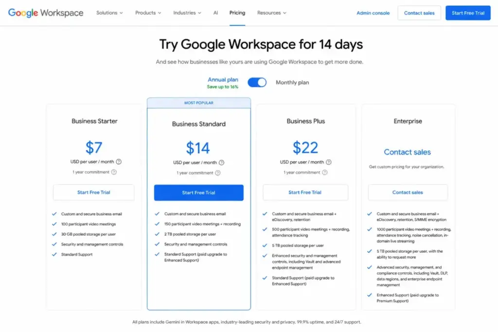 Google Workspace business editions comparison table showing storage, Vault, Secure LDAP, and endpoint management across Starter, Standard, and Plus.