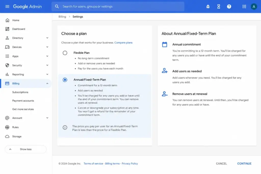 Google Workspace billing settings showing Flexible Plan and Annual Fixed-Term Plan options in Google Admin.