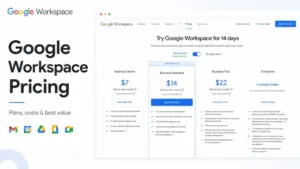 Google Workspace Pricing featured image showing pricing cards for Business Starter, Business Standard, Business Plus, and Enterprise.